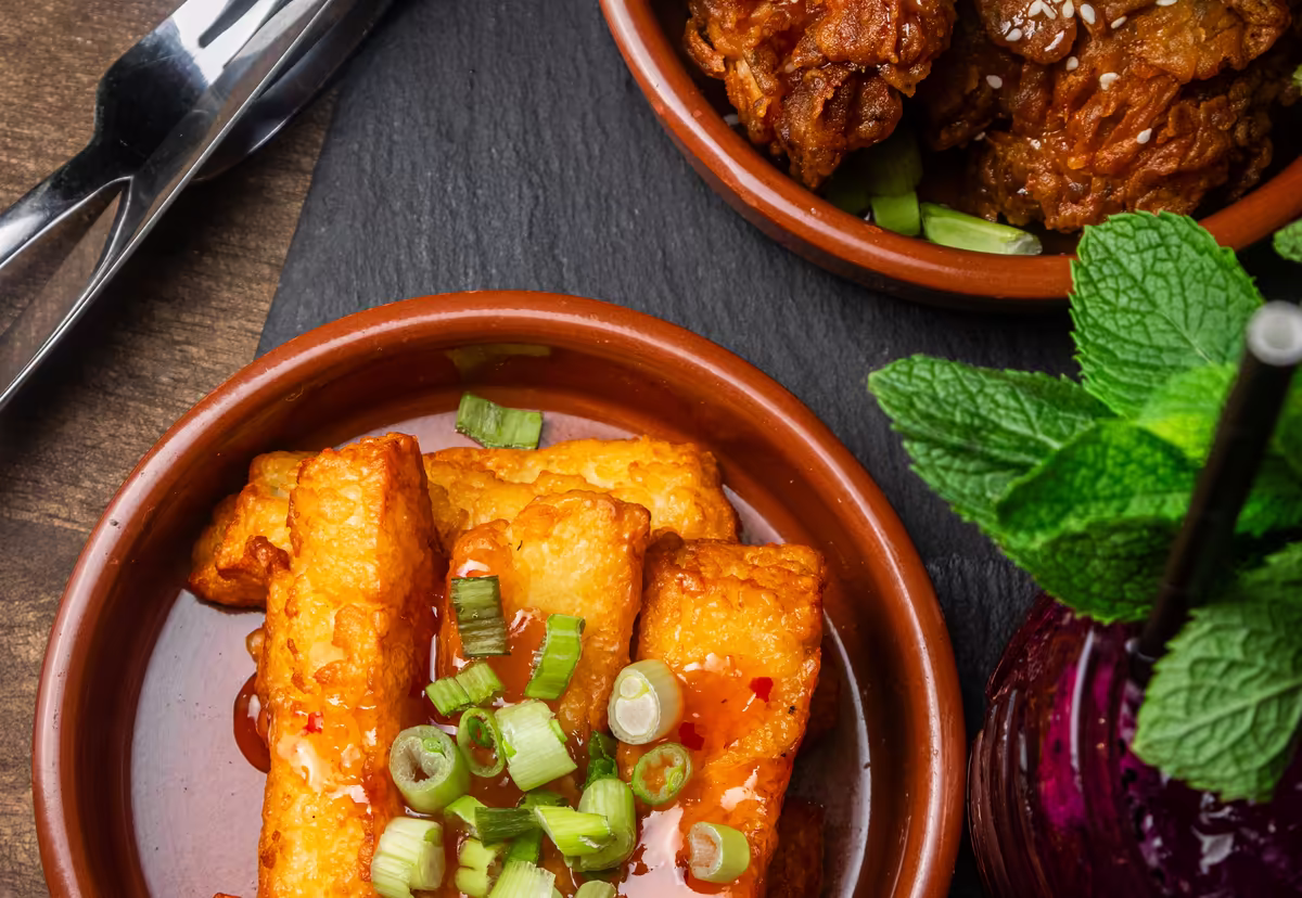 Halloumi fries in sweet chilli glaze with spring onions
