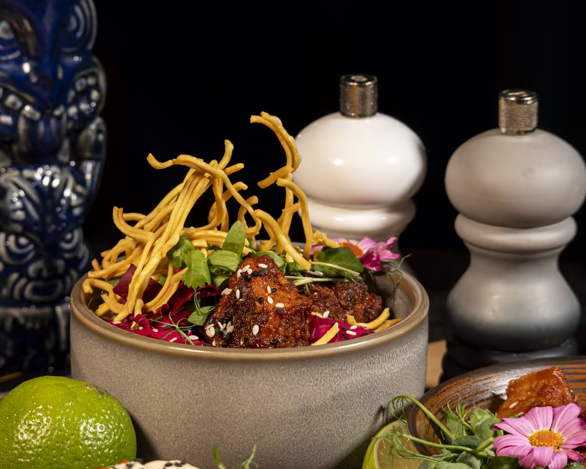 Honey and soy chicken salad topped with crispy egg noodles